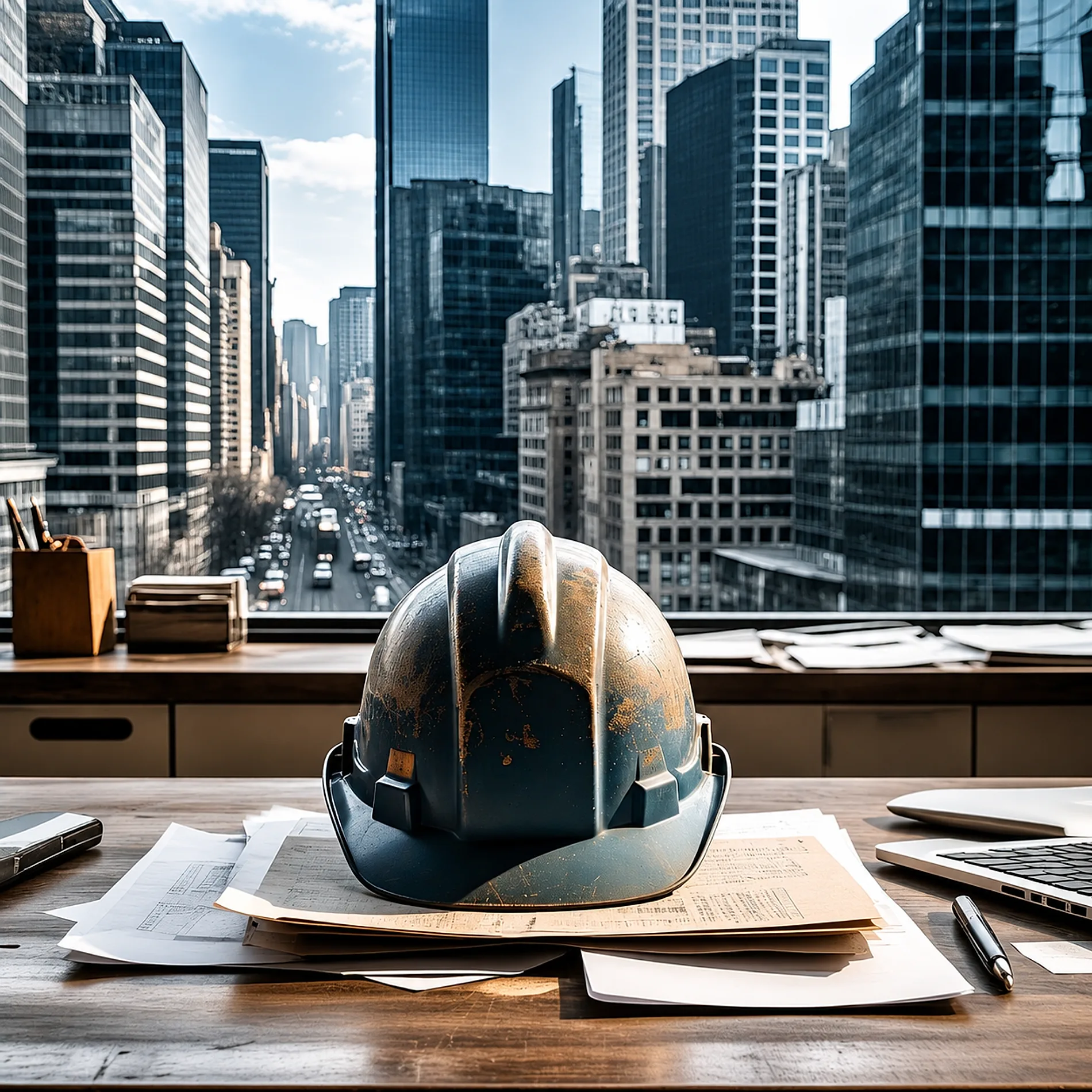Casque de chantier sur un bureau de maîtrise d'œuvre, plans et gratte-ciel en arrière-plan